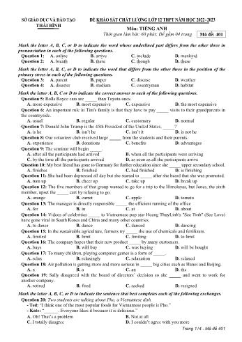 Đề khảo sát chất lượng môn Tiếng Anh Lớp 12 - Mã đề 401 - Năm học 2022-2023 - Sở GD và ĐT Thái Bình (Có đáp án)