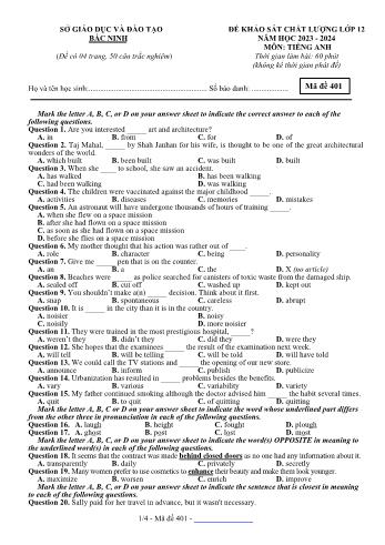Đề khảo sát chất lượng môn Tiếng Anh Lớp 12 - Mã đề 401 - Năm học 2022-2023 - Sở GD và ĐT Bắc Ninh (Có đáp án)