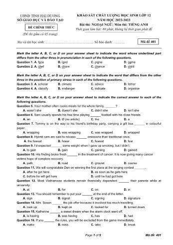 Đề khảo sát chất lượng môn Tiếng Anh Lớp 12 - Mã đề 401 - Năm học 2022-2023 - Sở GD và ĐT Hải Dương (Có đáp án)