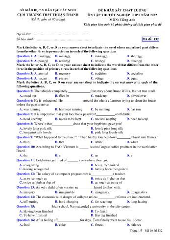 Đề khảo sát chất lượng ôn tập thi Tốt nghiệp THPT môn Tiếng Anh - Mã đề 132 - Năm học 2021-2022 - Cụm trường THPT Thuận Thành (Có đáp án)