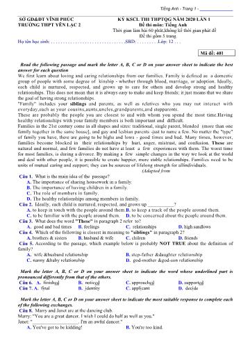 Đề khảo sát chất lượng thi THPT Quốc gia lần 1 môn Tiếng Anh năm 2020 - Mã đề 401 - Trường THPT Yên Lạc 2 (Có đáp án)