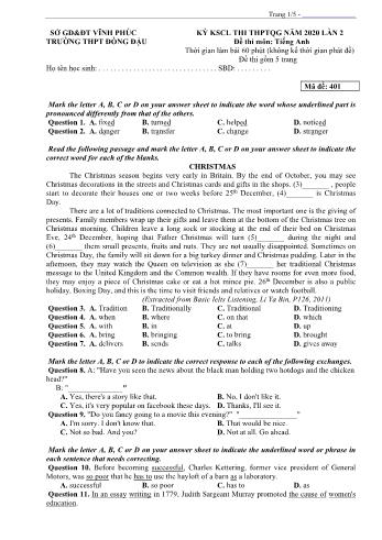 Đề khảo sát chất lượng thi THPT Quốc gia lần 2 môn Tiếng Anh năm 2020 - Mã đề 401 - Trường THPT Đồng Đậu (Có đáp án)