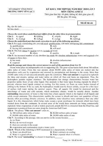 Đề khảo sát chất lượng thi THPT Quốc gia lần 3 môn Tiếng Anh năm 2020 - Mã đề 401 - Trường THPT Yên Lạc 2 (Có đáp án)