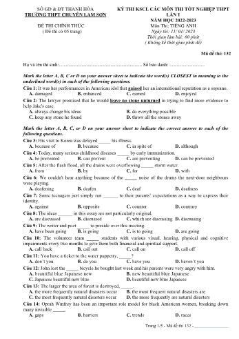 Đề khảo sát chất lượng thi Tốt nghiệp THPT lần 1 môn Tiếng Anh - Mã đề 132 - Năm học 2022-2023 - Trường THPT chuyên Lam Sơn (Có đáp án)