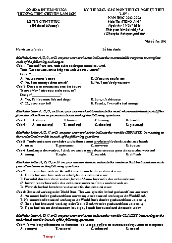 Đề khảo sát chất lượng thi Tốt nghiệp THPT lần 1 môn Tiếng Anh - Mã đề 896 - Năm học 2022-2023 - Trường THPT chuyên Lam Sơn (Có đáp án)