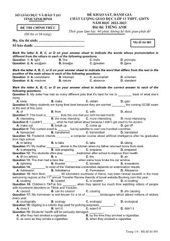 Đề khảo sát, đánh giá chất lượng giáo dục môn Tiếng Anh Lớp 12 - Mã đề 001 - Năm học 2022-2023 - Sở GD và ĐT Ninh Bình (Có đáp án)