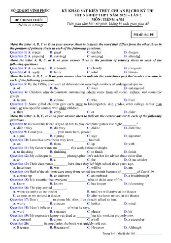 Đề khảo sát kiến thức chuẩn bị cho kỳ thi Tốt nghiệp THPT lần 2 môn Tiếng Anh năm 2021 - Mã đề 101 - Sở GD và ĐT Vĩnh Phúc (Có đáp án)