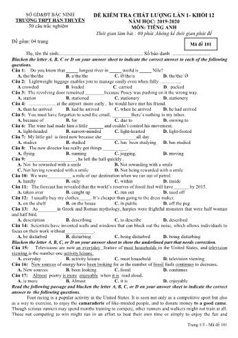 Đề kiểm tra chất lượng lần 1 môn Tiếng Anh Lớp 12 - Mã đề 101 - Năm học 2019-2020 - Trường THPT Hàn Thuyên (Có đáp án)