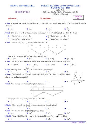 Đề kiểm tra chất lượng lần 1 môn Toán Lớp 12 - Mã đề 121 - Năm học 2023-2024 - Trường THPT Thiệu Hóa (Có đáp án)