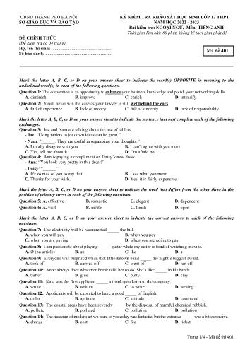 Đề kiểm tra khảo sát học sinh môn Tiếng Anh Lớp 12 - Mã đề 401 - Năm học 2022-2023 - Sở GD và ĐT Hà Nội (Có đáp án)