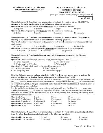Đề kiểm tra khảo sát lần 2 môn Tiếng Anh Lớp 12 - Mã đề 132 - Năm học 2019-2020 - Trường THPT Lý Thường Kiệt (Có đáp án)
