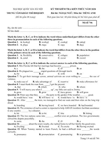 Đề kiểm tra kiến thức môn Tiếng Anh Lớp 12 năm 2020 - Mã đề 746 - Đại học Quốc gia Hà Nội (Có đáp án)