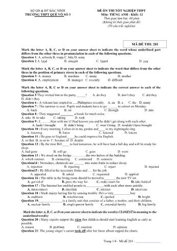 Đề ôn thi Tốt nghiệp THPT môn Tiếng Anh năm 2020 - Mã đề 201 - Trường THPT Quế Võ số 3 (Có đáp án)
