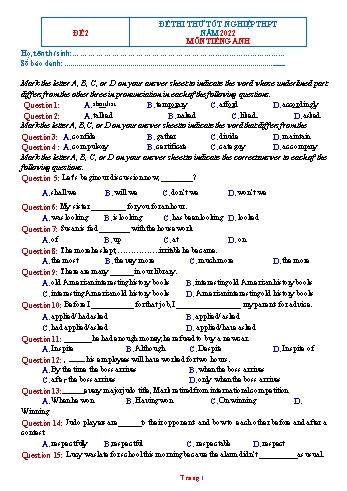 Đề ôn thi Tốt nghiệp THPT môn Tiếng Anh năm 2022 - Đề 2 (Có đáp án)