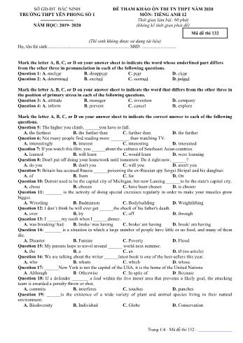 Đề tham khảo ôn thi Tốt nghiệp THPT môn Tiếng Anh năm 2020 - Mã đề 132 - Trường THPT Yên Phong số 1 (Có đáp án)