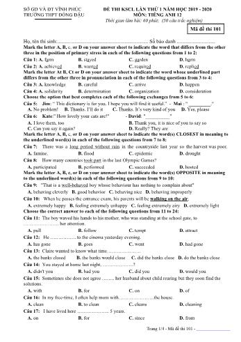 Đề thi khảo sát chất lượng lần 1 môn Tiếng Anh Lớp 12 - Mã đề 101 - Năm học 2019-2020 - Trường THPT Đồng Đậu (Có đáp án)