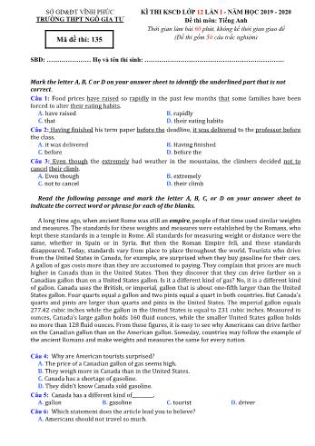 Đề thi khảo sát chất lượng lần 1 môn Tiếng Anh Lớp 12 - Mã đề 135 - Năm học 2019-2020 - Trường THPT Ngô Gia Tự (Có đáp án)