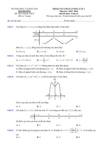 Đề thi khảo sát chất lượng lần 1 môn Toán Lớp 12 - Năm học 2023-2024 - Sở GD và ĐT Hải Dương (Có đáp án)