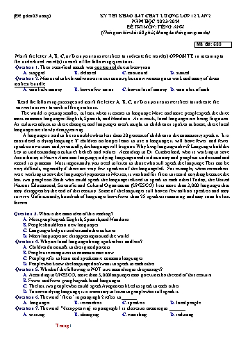 Đề thi khảo sát chất lượng lần 2 môn Tiếng Anh Lớp 12 - Mã đề 533 - Năm học 2023-2024 (Có đáp án)