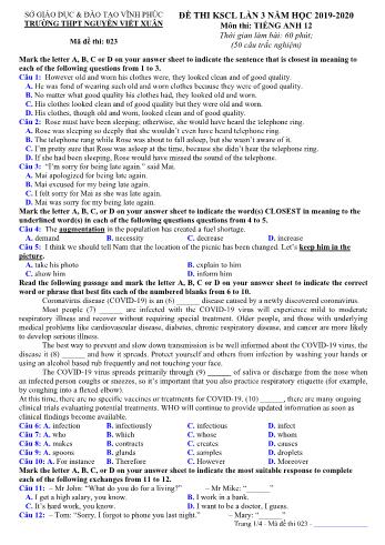Đề thi khảo sát chất lượng lần 3 môn Tiếng Anh Lớp 12 - Mã đề 023 - Năm học 2019-2020 - Trường THPT Nguyễn Viết Xuân (Có đáp án)