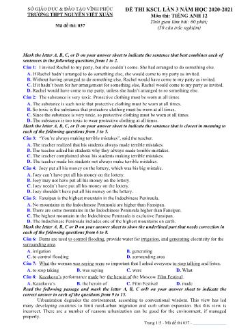Đề thi khảo sát chất lượng lần 3 môn Tiếng Anh Lớp 12 - Mã đề 037 - Năm học 2020-2021 - Trường THPT Nguyễn Viết Xuân (Có đáp án)