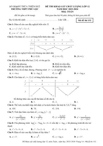 Đề thi khảo sát chất lượng môn Toán Lớp 12 - Mã đề 132 - Năm học 2023-2024 - Trường THPT Phú Lộc (Có đáp án)