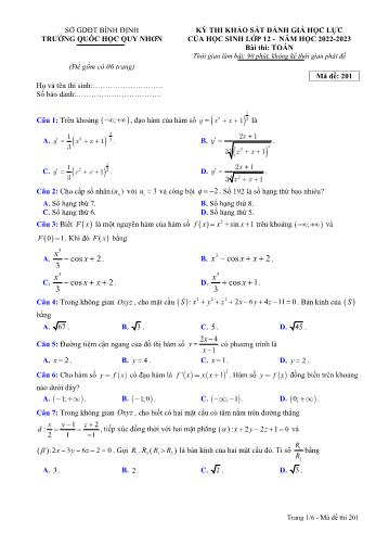 Đề thi khảo sát đánh giá học lực của học sinh môn Toán Lớp 12 - Mã đề 201 - Năm học 2022-2023 - Trường Quốc học Quy Nhơn (Có đáp án)
