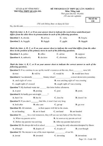 Đề thi khảo sát THPT Quốc gia lần 3 môn Tiếng Anh năm 2020 - Mã đề 120 - Trường THPT Quang Hà (Có đáp án)