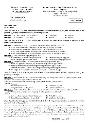 Đề thi thử Đại học môn Tiếng Anh Lớp 12 năm 2020 - Mã đề 134 - Trường THPT chuyên Nguyễn Quang Diêu (Có đáp án)