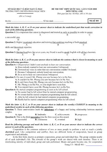 Đề thi thử THPT Quốc gia lần 1 môn Tiếng Anh năm 2020 - Mã đề 401 - Trường THPT chuyên Phan Ngọc Hiền (Có đáp án)