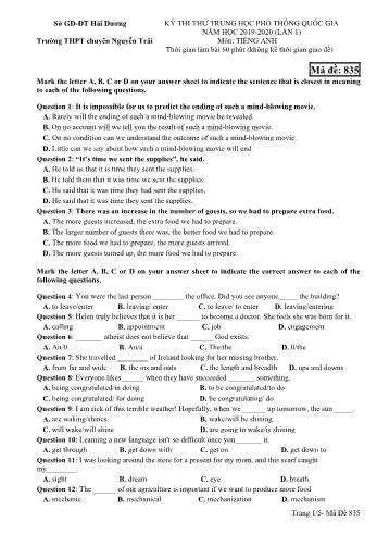 Đề thi thử THPT Quốc gia lần 1 môn Tiếng Anh năm 2020 - Mã đề 835 - Trường THPT chuyên Nguyễn Trãi (Có đáp án)