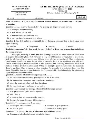 Đề thi thử THPT Quốc gia lần 1 môn Tiếng Anh năm 2020 - Mã đề 401 - Liên trường THPT Nghệ An (Có đáp án)