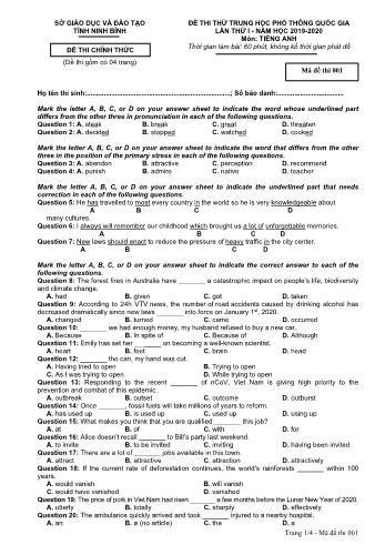 Đề thi thử THPT Quốc gia lần 1 môn Tiếng Anh năm 2020 - Mã đề 001 - Sở GD và ĐT Ninh Bình (Có đáp án)