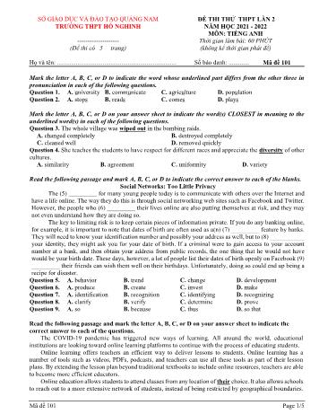 Đề thi thử THPT Quốc gia lần 2 môn Tiếng Anh - Mã đề 101 - Năm học 2021-2022 - Trường THPT Hồ Nghinh (Có đáp án)