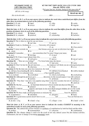 Đề thi thử THPT Quốc gia lần 2 môn Tiếng Anh năm 2020 - Mã đề 401 - Liên trường THPT Nghệ An (Có đáp án)