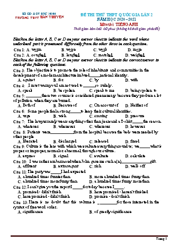 Đề thi thử THPT Quốc gia lần 2 môn Tiếng Anh - Năm học 2020-2021 - Trường THPT Hàn Thuyên (Có đáp án)
