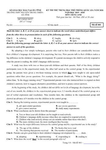 Đề thi thử THPT Quốc gia môn Tiếng Anh - Mã đề 001 - Năm học 2019-2020 - Trường THPT Nguyễn Trung Thiên (Có đáp án)