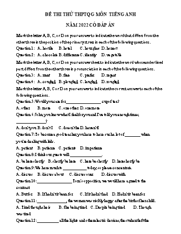 Đề thi thử THPT Quốc gia môn Tiếng Anh năm 2022 - Đề số 4 (Có đáp án)
