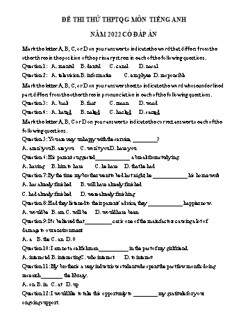 Đề thi thử THPT Quốc gia môn Tiếng Anh năm 2022 - Đề số 7 (Có đáp án)