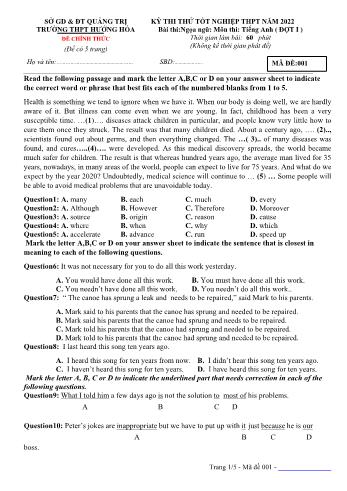 Đề thi thử Tốt nghiệp THPT đợt 1 môn Tiếng Anh năm 2022 - Mã đề 001 - Trường THPT Hướng Hóa (Có đáp án)