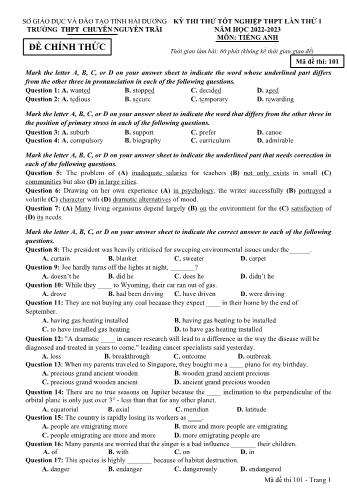 Đề thi thử Tốt nghiệp THPT lần 1 môn Tiếng Anh - Mã đề 101 - Năm học 2022-2023 - Trường THPT chuyên Nguyễn Trãi (Có đáp án)