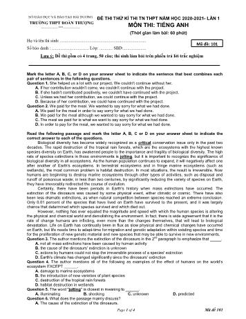 Đề thi thử Tốt nghiệp THPT lần 1 môn Tiếng Anh - Mã đề 101 - Năm học 2020-2021 - Trường THPT Đoàn Thượng (Có đáp án)