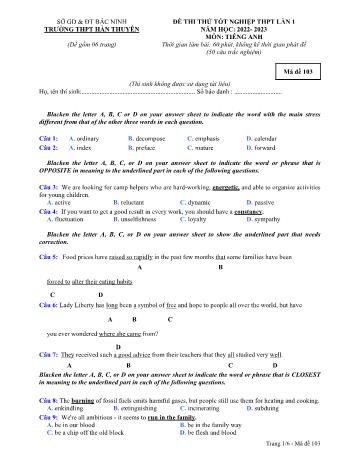 Đề thi thử Tốt nghiệp THPT lần 1 môn Tiếng Anh - Mã đề 103 - Năm học 2022-2023 - Trường THPT Hàn Thuyên (Có đáp án)