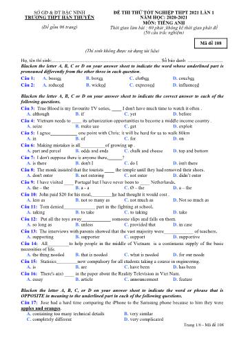 Đề thi thử Tốt nghiệp THPT lần 1 môn Tiếng Anh - Mã đề 108 - Năm học 2020-2021 - Trường THPT Hàn Thuyên (Có đáp án)