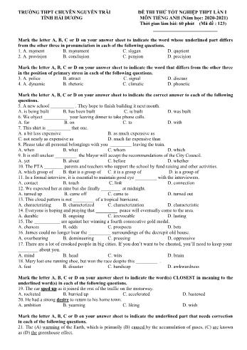 Đề thi thử Tốt nghiệp THPT lần 1 môn Tiếng Anh - Mã đề 123 - Năm học 2020-2021 - Trường THPT chuyên Nguyễn Trãi (Có đáp án)