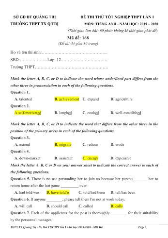 Đề thi thử Tốt nghiệp THPT lần 1 môn Tiếng Anh - Mã đề 168 - Năm học 2019-2020 - Trường THPT Thị xã Quảng Trị (Có đáp án)