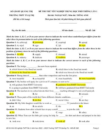 Đề thi thử Tốt nghiệp THPT lần 1 môn Tiếng Anh - Mã đề 268 - Năm học 2022-2023 - Trường THPT Thị xã Quảng Trị (Có đáp án)