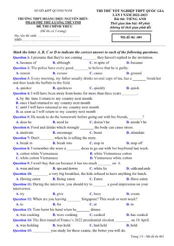 Đề thi thử Tốt nghiệp THPT lần 1 môn Tiếng Anh - Mã đề 401 - Năm học 2022-2023 - Cụm trường THPT Quảng Nam (Có đáp án)