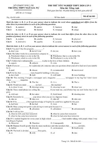 Đề thi thử Tốt nghiệp THPT lần 1 môn Tiếng Anh năm 2020 - Mã đề 001 - Trường THPT Ngô Gia Tự (Có đáp án)