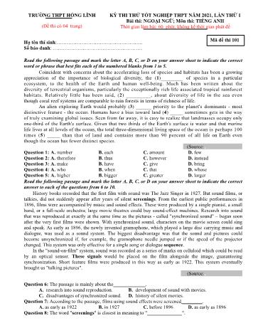Đề thi thử Tốt nghiệp THPT lần 1 môn Tiếng Anh năm 2021 - Mã đề 101 - Trường THPT Hồng Lĩnh (Có đáp án)